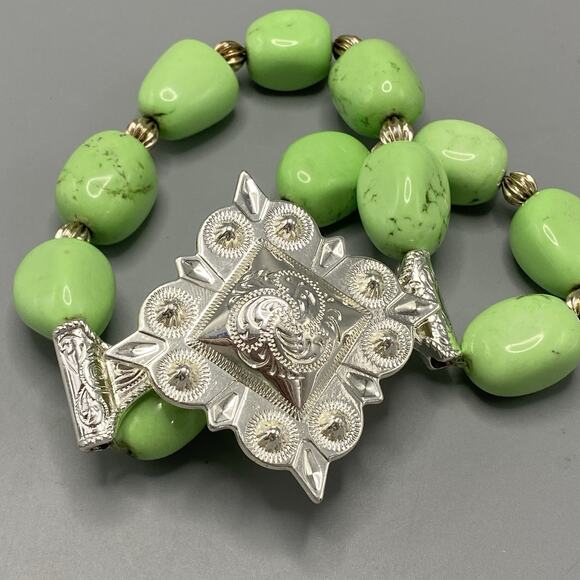 Western Green Stone Stretch Bracelet Trigg Leather Silver Hardware Southwest‎ - Picture 2 of 7